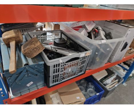 Two boxes of PC related electrical items, ink cartridges, cantilever toolbox, tools, a boxed Canon scanner, etc. 