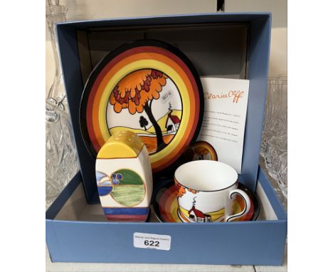 Three Wedgwood Clarice Cliff items.&nbsp;Condition - yellow peeling off the sugar castor, otherwise pieces ok.