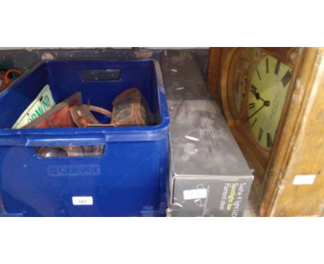 A box of tools, an American sign, a carriage lamp, a carry lamp, etc together with a wooden cased wall clock. 