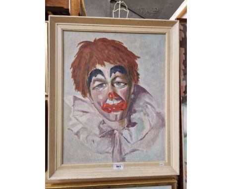 Mid 20th century, oil on board, portrait of a clown, 39.5cm x 49.5cm, unsigned, framed, 47.5cm x 58cm. 