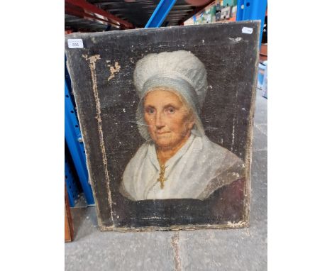19th century school, oil on canvas, portrait of a woman, 50cm x 61cm, extensive damage and losses, unframed. 