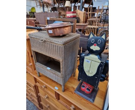 A mixed lot comprising Lloyd Loom bedside cabinet, copper warming pan, tapestry fire screen and a small cabinet modelled as a