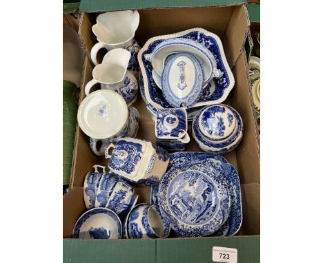 Box of blue and white including 15 pieces of Spode ‘Italian’, a Furnivals jug 1905-13 etc 