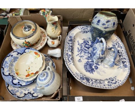 Two boxes of assorted pottery including three pieces of Clarice Cliff Celtic Harvest, blue and white etc. 