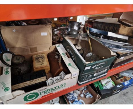 4 boxes and a copper planter with various items including plated ware, glass, collectables, etc.