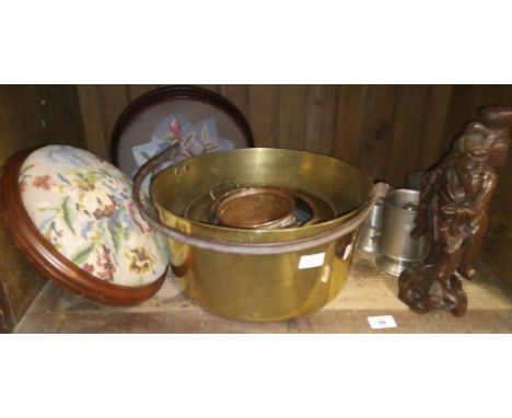 A large brass jam pan, a brass and copper bowl, 2 copper planters, 2 tapestry style footstools and a box of metal-ware + a Or