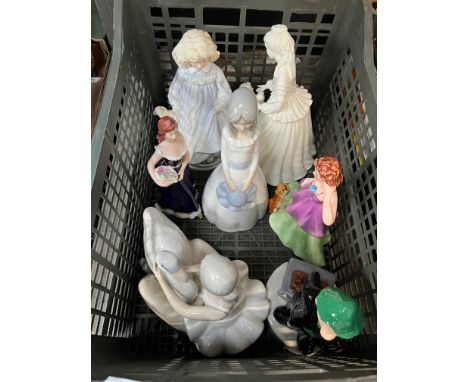 A box containing figurines by Royal Doulton, Goebel, Royal Dux, Royal Worcester, etc - 7 figures in total including Wade Andy