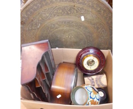 A mixed lot comprising a brass table top, a stationary rack, a clock, old bowls, a barometer, a Gouda vase and a studio potte