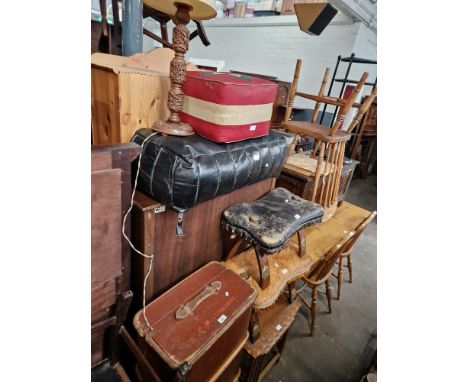 A mixed lot comprising vintage travel trunk, two camel stools, a nest of tables, two retro pouffe and a carved wood table lam