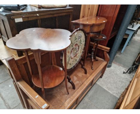 A mixed lot comprising Edwardian mahogany occasional table, a tapestry fire screen, a wine table and a side table. 