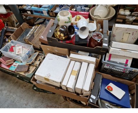 16 boxes of miscellaneous items including cameras, collectables, bibles, collector's plates, vases, games, ephemera, pictures