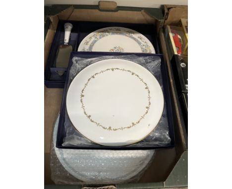 Boxed cake plate and server in the ‘Mayfield’ design and a boxed cake plate in the ‘Gold Chantilly’ design - both by Royal Wo