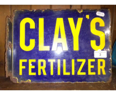 A vintage double sided enamel sign "Clay's Fertilizer". 