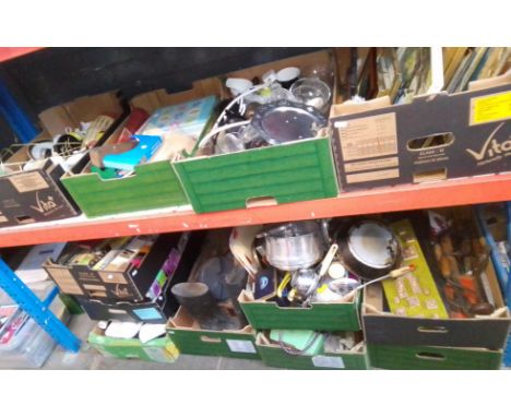 12 boxes of miscellaneous items including ceramics, glassware, ornaments, pottery, garage-ware / tools, metal-ware, books, et