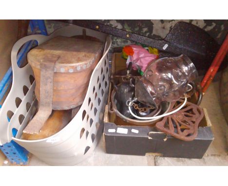 Assorted metal ware including cast gate post finials, tools, bellows etc. ( 2 boxes ) 