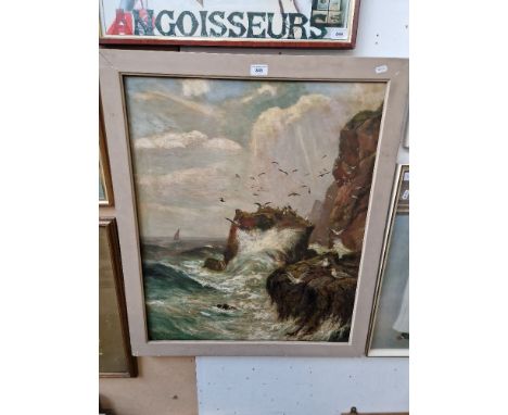 Alex Mortimer (British, late 19th/early 20th century), oil on canvas, seascape, cliffs with waves crashing and sea birds, 61.