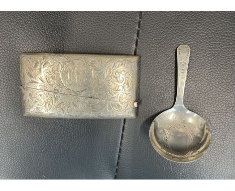 A hallmarked silver card case, and a hallmarked Georgian silver caddy spoon 