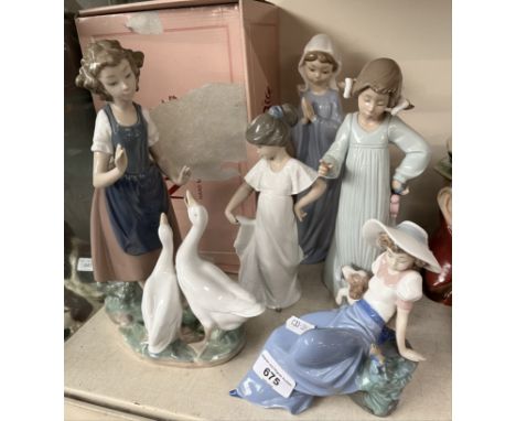 5 Nao figurines including ‘Teaching the Geese’ (28cm high) and ‘Bad Boy’ (25.5cm high, no. 01163) with original box 