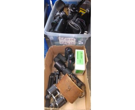 2 boxes of cameras, accessories, lenses &amp; binoculars to include Aerolite, Briberg, Olympus, Praktica, Sigma, Kodak etc. 
