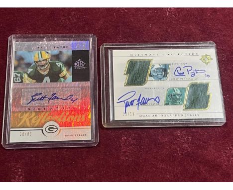 Two signed upper deck American football cards one of Brett Favre and Chad Pennington 