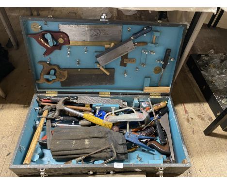 A vintage carpenters toolbox and contents of tools, shipping unavailable 