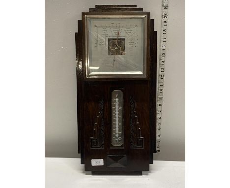 A Art deco period mahogany barometer with crack to glass, shipping unavailable 