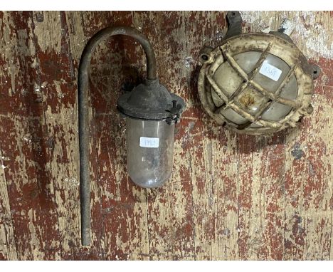 Two vintage industrial light fittings, shipping unavailable 
