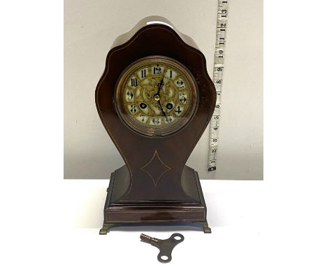 A AD. Mougin mahogany cased mantle clock with brass dial, key and pendulum, h32cm, shipping unavailable 