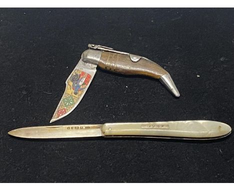 A hallmarked silver bladed and MOP pen knife and vintage horn handled pen knife 