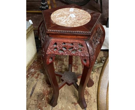 A vintage Chinese Rosewood planter stand with marble insert to top, H82cm 