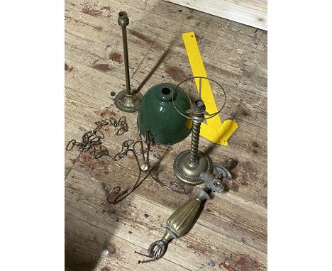 A box of assorted vintage light fittings including enamel shade, shipping unavailable 