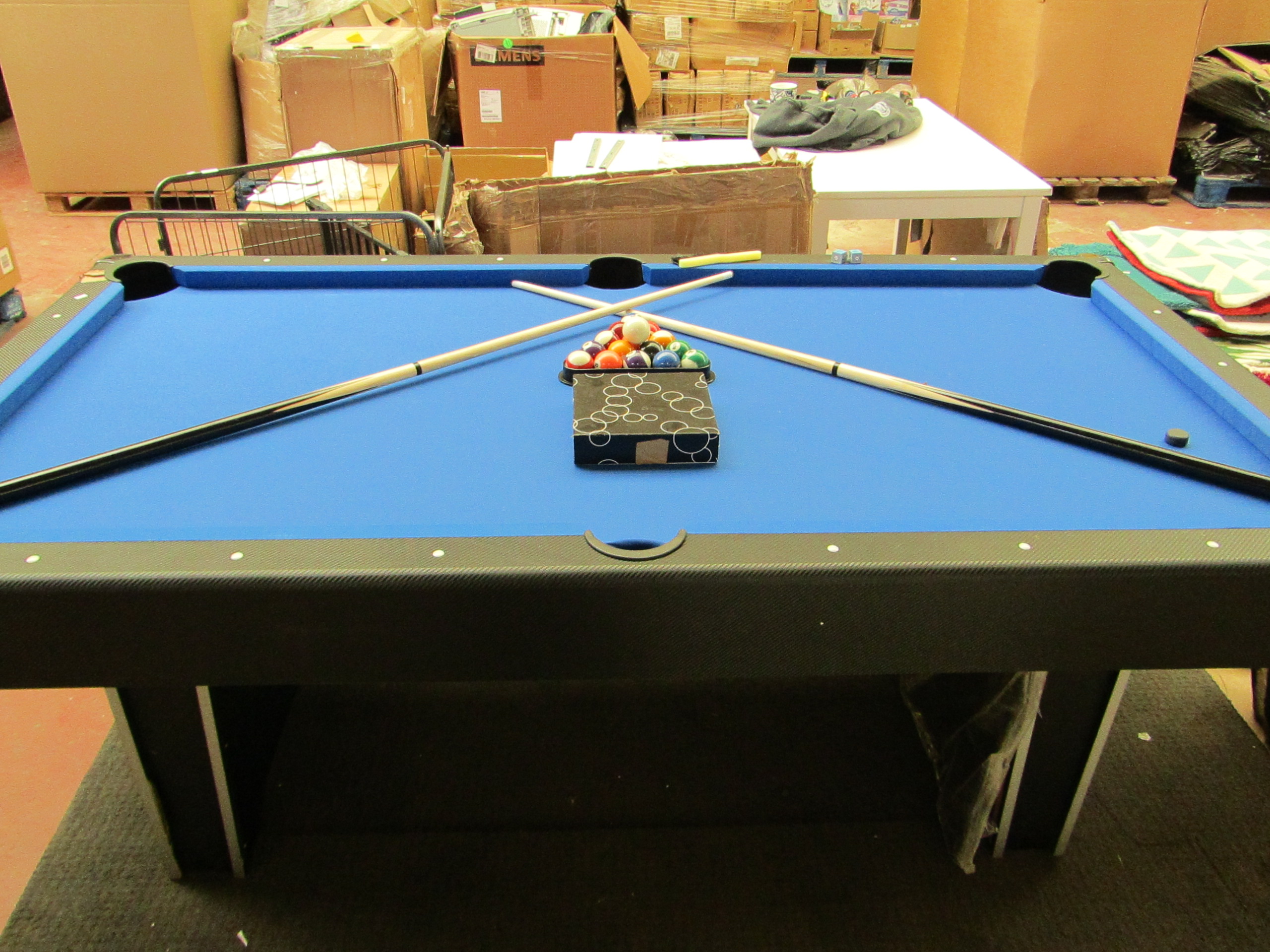Signature Champion pool table with blue top with a black carbon fiber