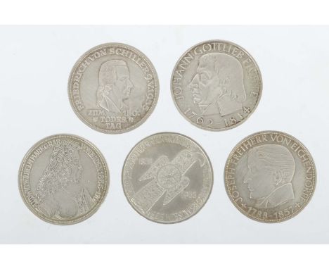 Fünf begehrte 5 DM-MünzenSilber, Joseph Freiherr von Eichendorff, 1957, J; Germanisches Museum Eigenthum der deutschen Nation