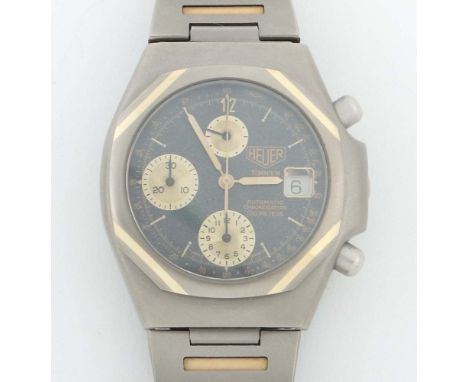 Chronograph HEUER "Titanium"Schweiz, 1980er Jahre, Titan/Gelbgold 750, Automatikwerk, tonneauförmiges Gehäuse, aufgesetzte, o