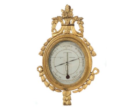 Louis XVI.-WandbarometerFrankreich, um 1780/90, ovales Barometer in geschnitztem und vergoldetem Holzgehäuse mit halbplastisc