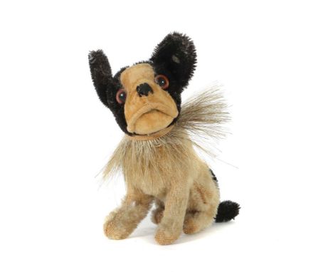 BulldoggeSteiff, "Bully", Vorkrieg, weiß/schwarz, drehbarer Kopf, Haarhalsband und Glocke, Knopf mit langem "F", H: 10 cm, pa