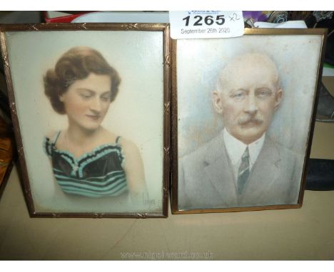 Two yellow metal framed Portrait miniatures, one possibly a hand-coloured Photograph of a lady looking askance in a blue stri