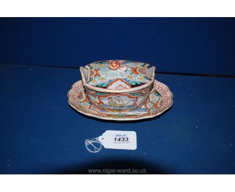 A rare and attractive Dutch Delft butter dish, cover and stand, probably circa 1750, decorated throughout with shipping scene
