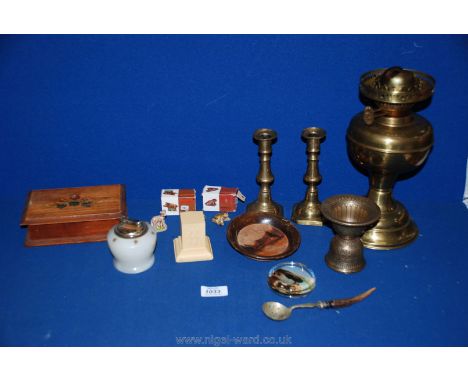 A quantity of Miscellanea to include a brass lamp (no funnel) and a pair of small brass candlesticks together with an onyx li