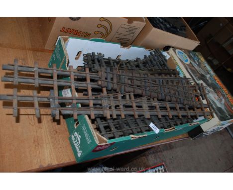 A quantity of 'O' gauge scale model railway track on wooden sleepers by Bassett-Lowke and others, 40' length approx. plus poi