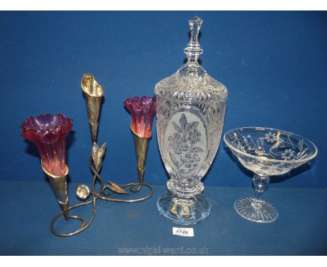 A white metal three set Epergne with central cranberry glass missing, along with a glass dish, and lidded glass vase