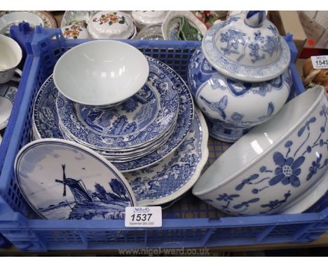 A quantity of blue &amp; white china to include; a Delft plate, Spode tea plates, oriental ginger jar and bowls, Myotts, etc.