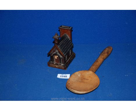An antique Folk Art wooden money box model of a chapel;  and a primitive old Welsh sycamore spoon with good patina.
