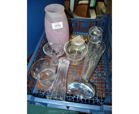 A tall ping swirl vase, dumpy cut glass vase, jamd dish with spoon and small paperweights etc.