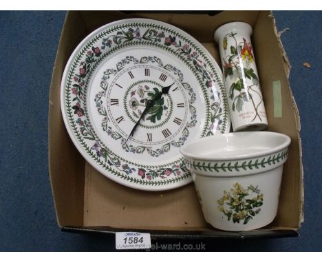 A Portmeirion Botanical Garden wall clock plate, stem vase and flower pot shaped planter.