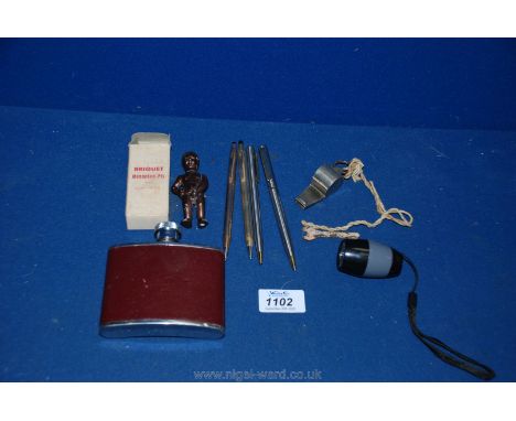 Two rolled gold ballpoint Pens, a boxed Briquet lighter, hip flask, whistle, etc.