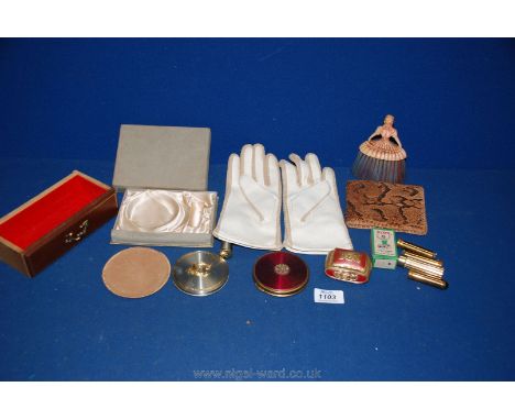 Miscellaneous vintage compacts, lipstick holders, ring box, python wallet, etc.