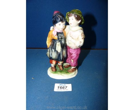 A continental porcelain figure of boy and girl, Crown and K or R marking underneath.