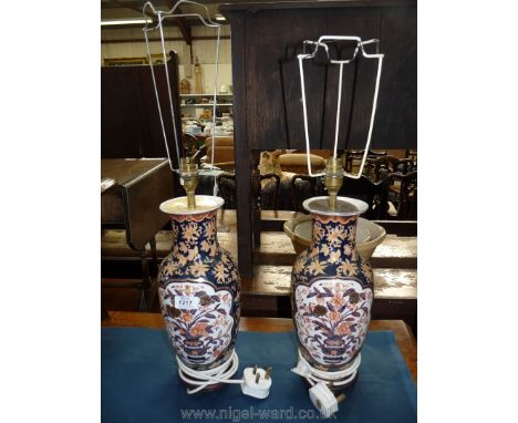 A pair of Oriental baluster Table Lamp bases in blue, orange and cream floral decoration, standing on wooden base, 13 1/2'' h