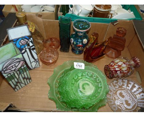 A quantity of coloured glass including a part dressing table set with ring stand, candlestick, vases, duck, dimple bottle and